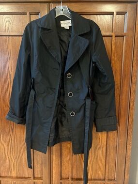 Burry Lane Women Black Trench Coat Jacket SZ Small Belted Double Breasted Short